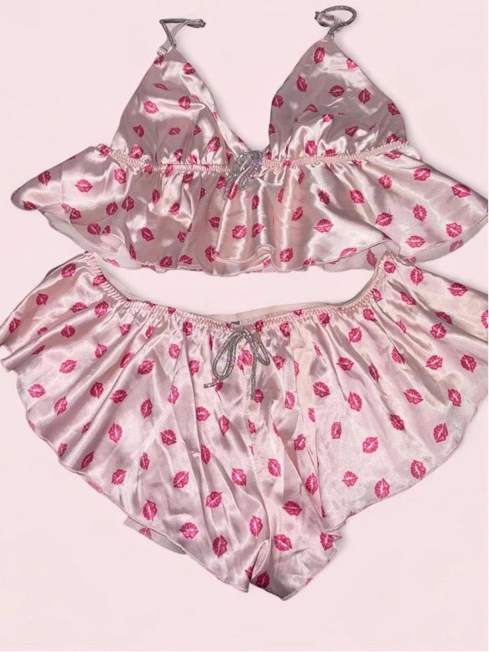 Streetwear Society Pink Kiss-Print Satin Pajama Set